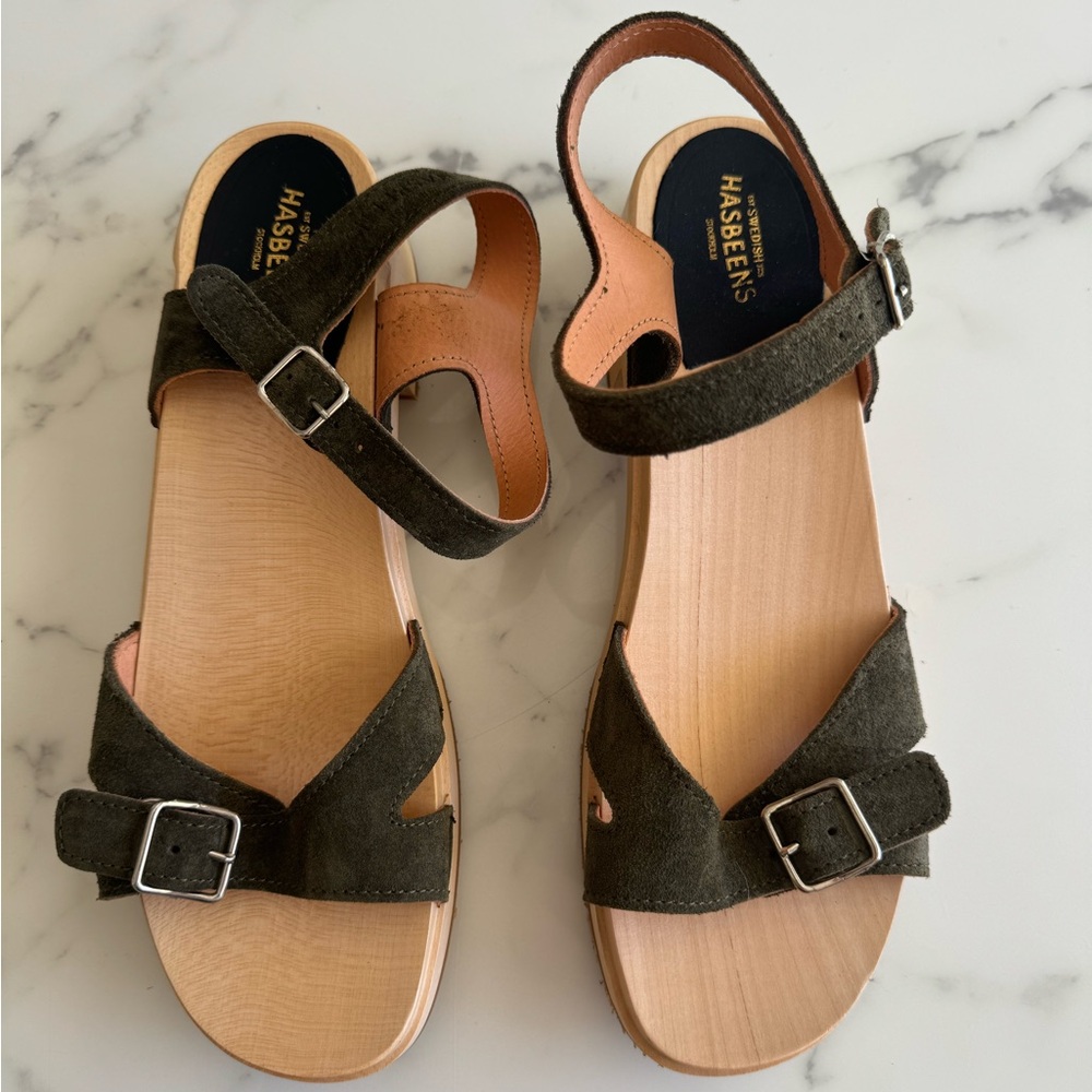 Swedish Hasbeens olive suede clog sandals, never worn purchased in Sweden